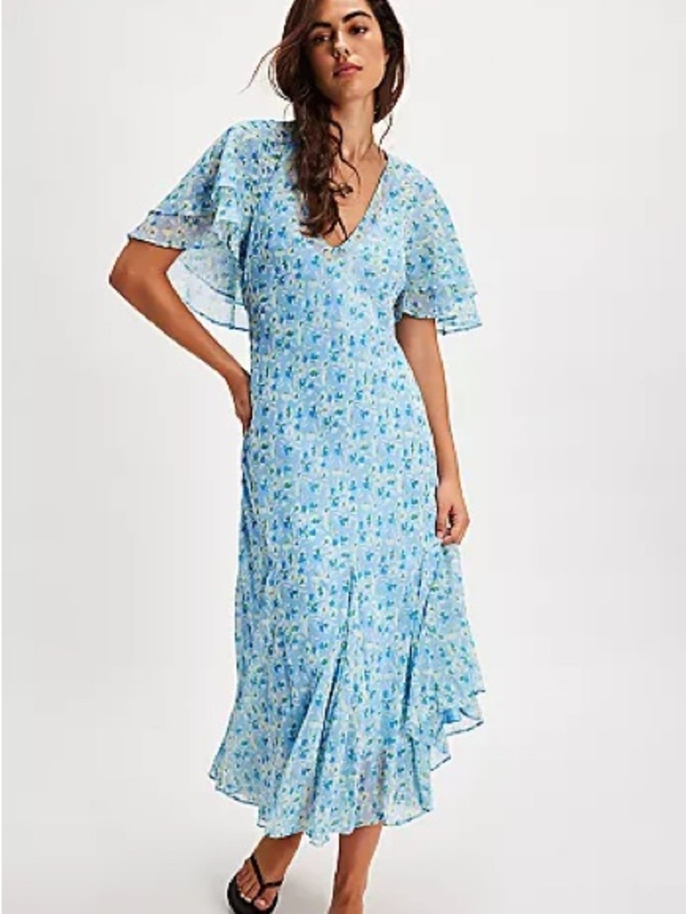 NWT Free People Sky Blue Floral V-Neck Maxi Dress Small - Picture 1 of 10